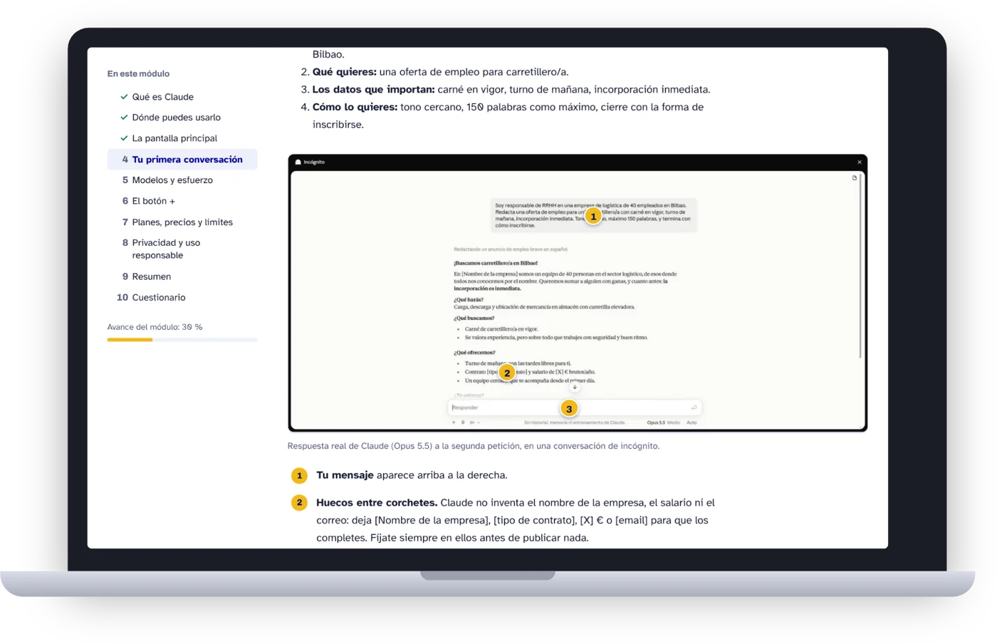 Portátil con un módulo del curso Claude para profesionales abierto en el aula virtual: índice del módulo a la izquierda y la respuesta de Claude a una oferta de empleo, con tres puntos numerados