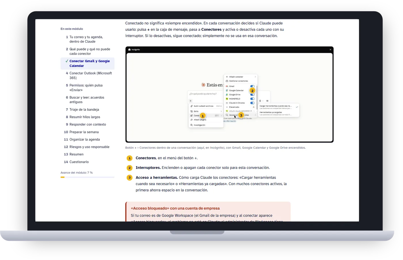 Portátil con un módulo del curso Conectores abierto en el aula virtual: menú de conectores de Claude con los interruptores de Gmail, Google Calendar y Google Drive señalados
