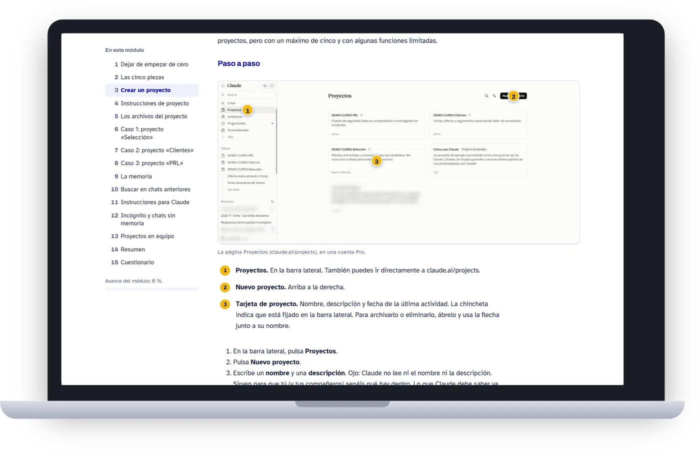 Portátil con un módulo del Nivel 1 abierto en el aula virtual: la página de proyectos de Claude con tres puntos numerados